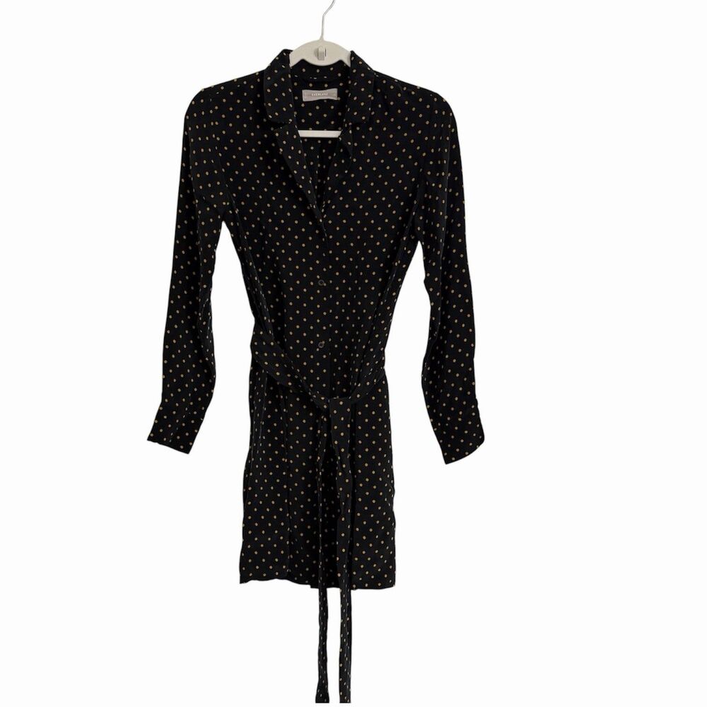Everlane Polka Dot Shirt Dress 2 Black Yellow Belted Long Sleeve Knee-Length